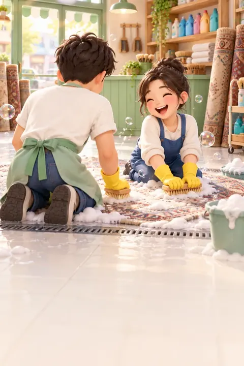 아이와 함께 러그를 문지르는 장면